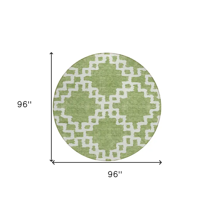 8' Artichoke Green And Ivory Round Geometric Washable Indoor Outdoor Area Rug