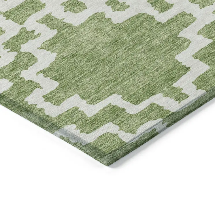 8' X 10' Artichoke Green And Ivory Geometric Washable Indoor Outdoor Area Rug