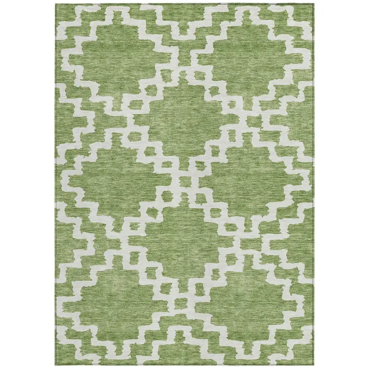 8' X 10' Artichoke Green And Ivory Geometric Washable Indoor Outdoor Area Rug