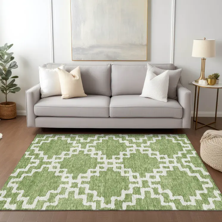 8' X 10' Artichoke Green And Ivory Geometric Washable Indoor Outdoor Area Rug