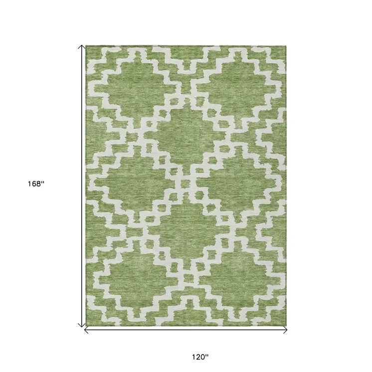10' X 14' Artichoke Green And Ivory Geometric Washable Indoor Outdoor Area Rug