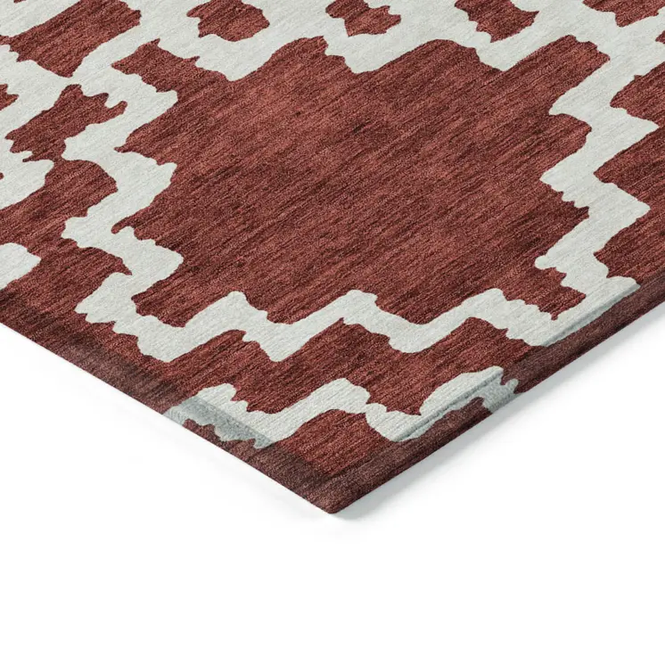 3' X 5' Brick Red And Ivory Geometric Washable Indoor Outdoor Area Rug