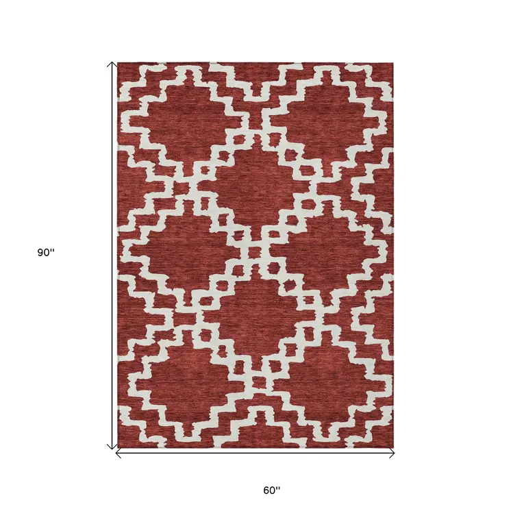 5' X 8' Brick Red And Ivory Geometric Washable Indoor Outdoor Area Rug
