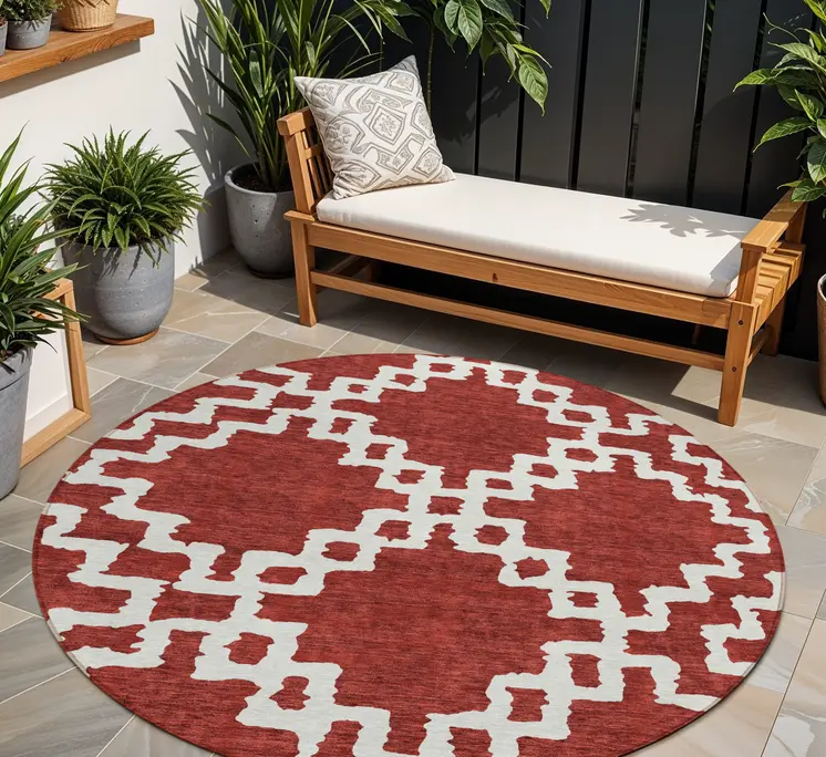 8' Brick Red And Ivory Round Geometric Washable Indoor Outdoor Area Rug