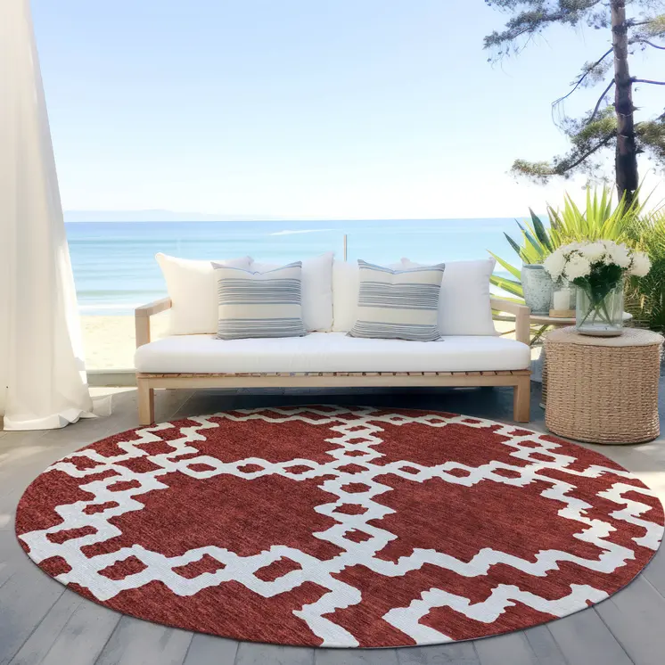 8' Brick Red And Ivory Round Geometric Washable Indoor Outdoor Area Rug