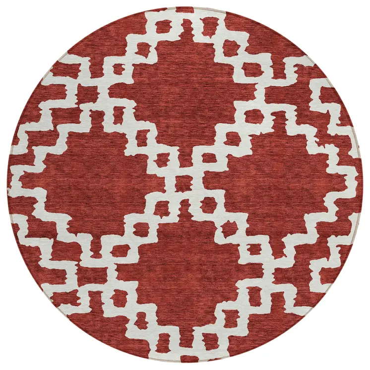 8' Brick Red And Ivory Round Geometric Washable Indoor Outdoor Area Rug