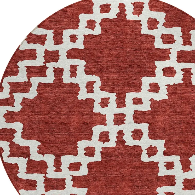8' Brick Red And Ivory Round Geometric Washable Indoor Outdoor Area Rug