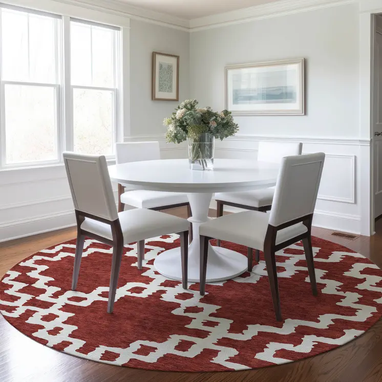 8' Brick Red And Ivory Round Geometric Washable Indoor Outdoor Area Rug
