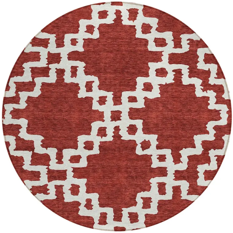 8' Brick Red And Ivory Round Geometric Washable Indoor Outdoor Area Rug