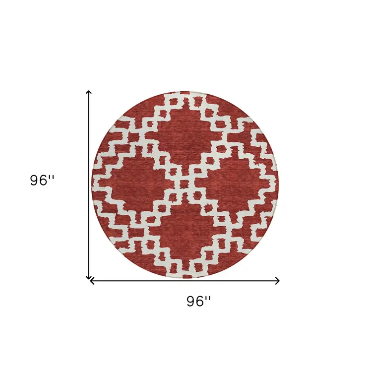 8' Brick Red And Ivory Round Geometric Washable Indoor Outdoor Area Rug