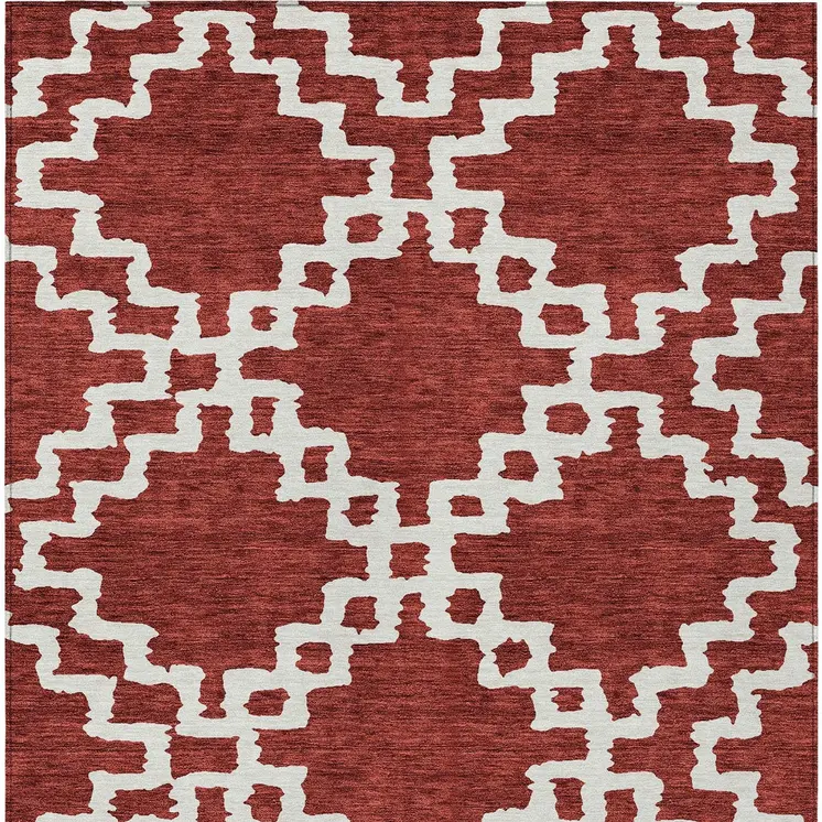 8' X 10' Brick Red And Ivory Geometric Washable Indoor Outdoor Area Rug