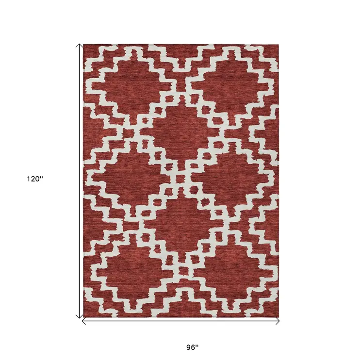 8' X 10' Brick Red And Ivory Geometric Washable Indoor Outdoor Area Rug