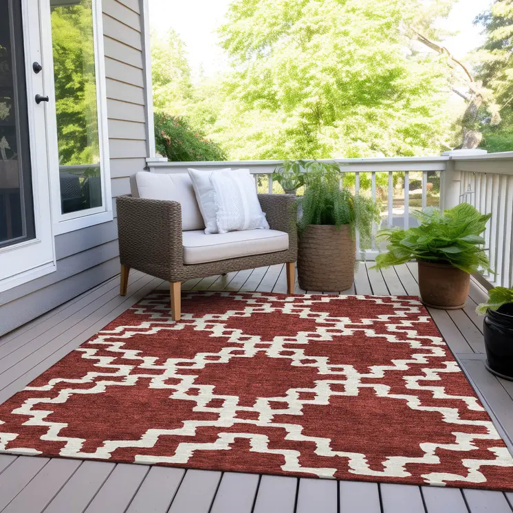 8' X 10' Brick Red And Ivory Geometric Washable Indoor Outdoor Area Rug