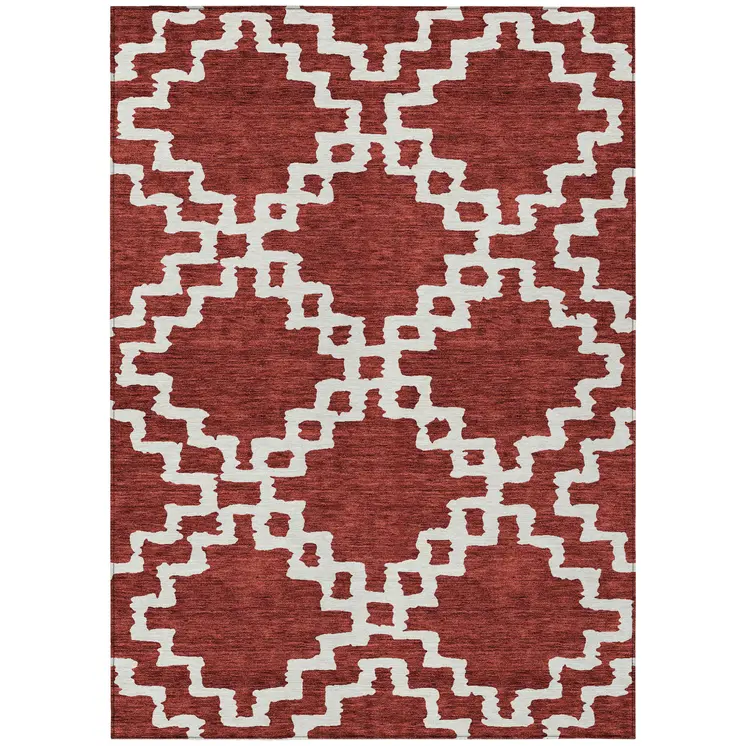 8' X 10' Brick Red And Ivory Geometric Washable Indoor Outdoor Area Rug