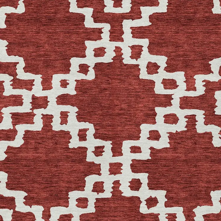 8' X 10' Brick Red And Ivory Geometric Washable Indoor Outdoor Area Rug