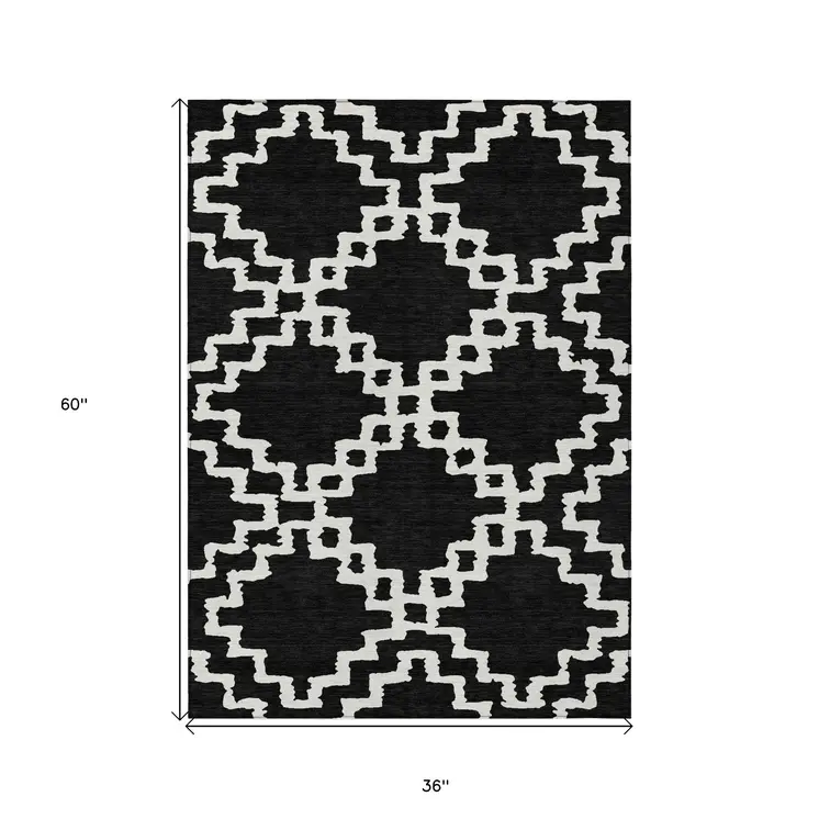 3' X 5' Black And Ivory Geometric Washable Indoor Outdoor Area Rug