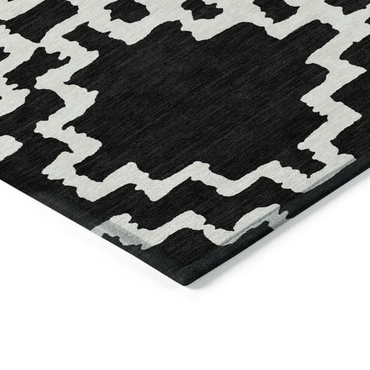 3' X 5' Black And Ivory Geometric Washable Indoor Outdoor Area Rug