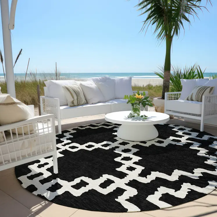 8' Black And Ivory Round Geometric Washable Indoor Outdoor Area Rug