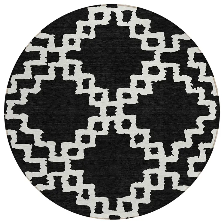 8' Black And Ivory Round Geometric Washable Indoor Outdoor Area Rug