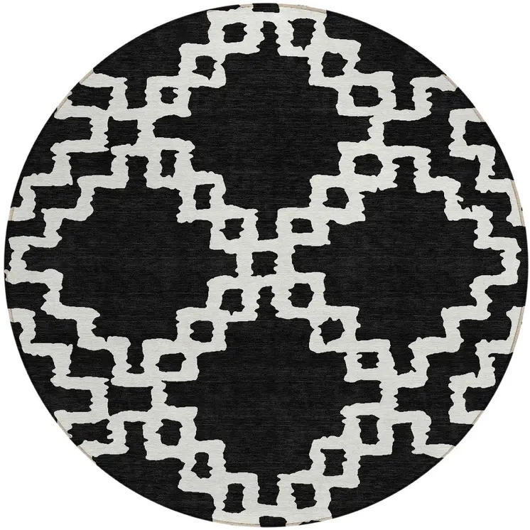 8' Black And Ivory Round Geometric Washable Indoor Outdoor Area Rug