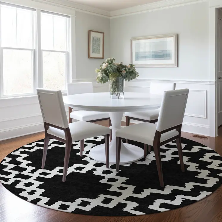 8' Black And Ivory Round Geometric Washable Indoor Outdoor Area Rug