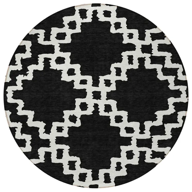 8' Black And Ivory Round Geometric Washable Indoor Outdoor Area Rug