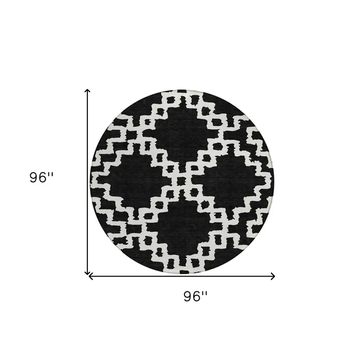 8' Black And Ivory Round Geometric Washable Indoor Outdoor Area Rug