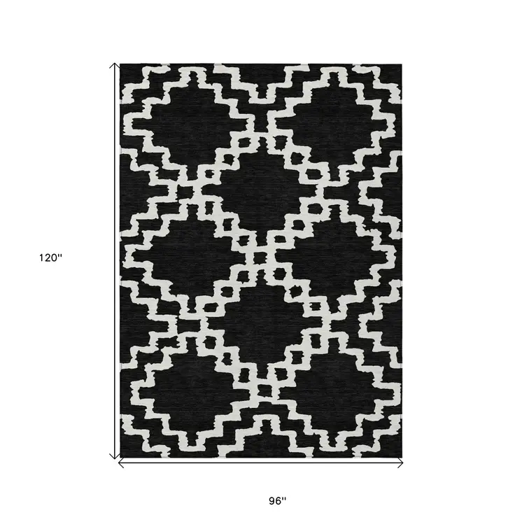 8' X 10' Black And Ivory Geometric Washable Indoor Outdoor Area Rug