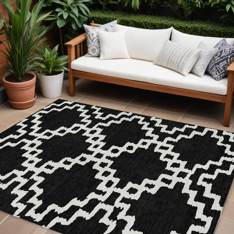 9' X 12' Black And Ivory Geometric Washable Indoor Outdoor Area Rug
