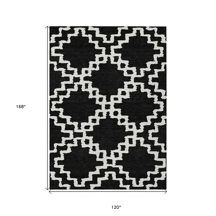 10' X 14' Black And Ivory Geometric Washable Indoor Outdoor Area Rug