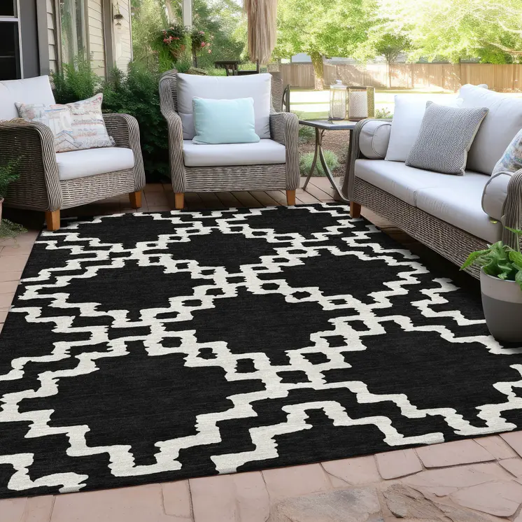 10' X 14' Black And Ivory Geometric Washable Indoor Outdoor Area Rug