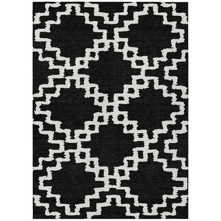 10' X 14' Black And Ivory Geometric Washable Indoor Outdoor Area Rug