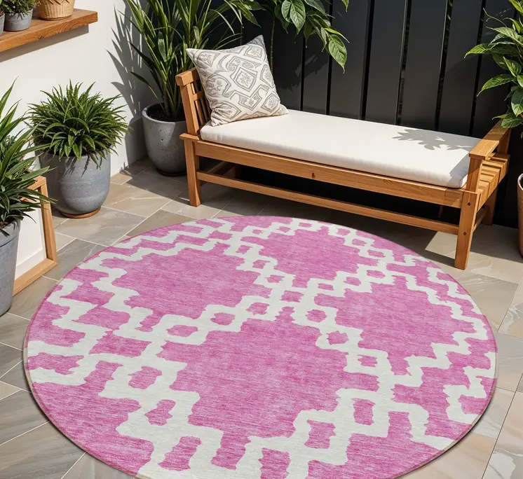 8' Blush And Ivory Round Geometric Washable Indoor Outdoor Area Rug