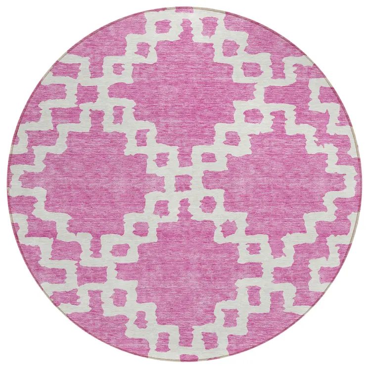 8' Blush And Ivory Round Geometric Washable Indoor Outdoor Area Rug