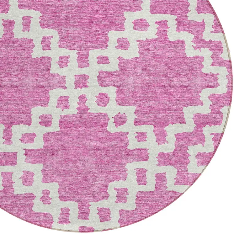 8' Blush And Ivory Round Geometric Washable Indoor Outdoor Area Rug