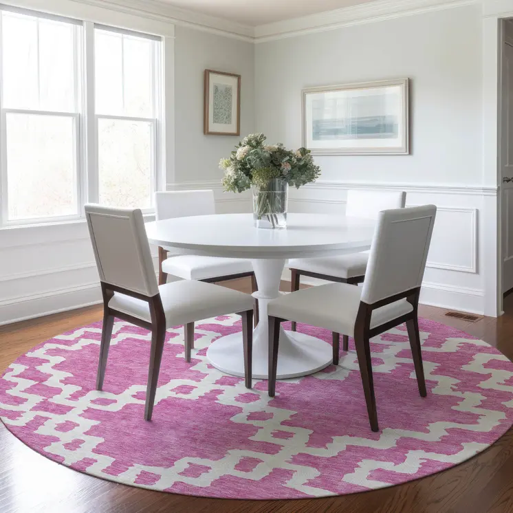 8' Blush And Ivory Round Geometric Washable Indoor Outdoor Area Rug