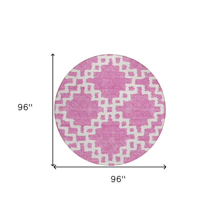 8' Blush And Ivory Round Geometric Washable Indoor Outdoor Area Rug