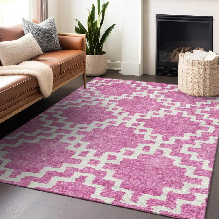 8' X 10' Blush And Ivory Geometric Washable Indoor Outdoor Area Rug