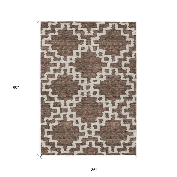 3' X 5' Brown And Ivory Geometric Washable Indoor Outdoor Area Rug