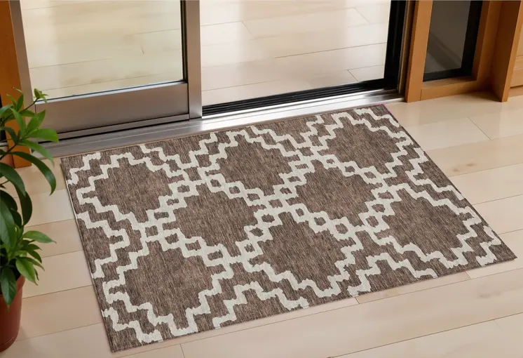 3' X 5' Brown And Ivory Geometric Washable Indoor Outdoor Area Rug