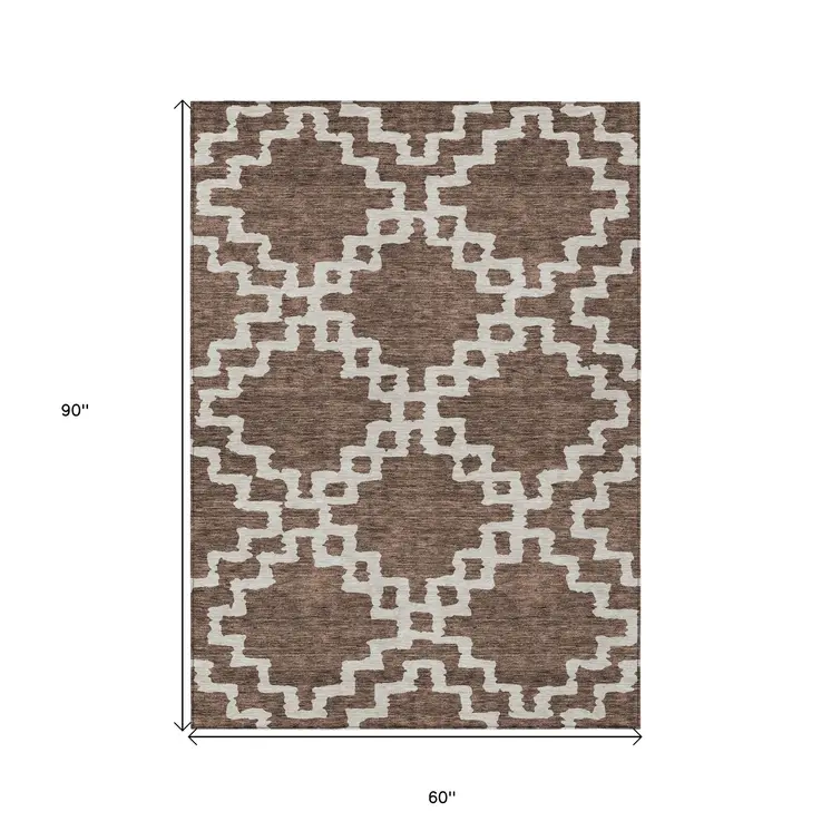 5' X 8' Brown And Ivory Geometric Washable Indoor Outdoor Area Rug
