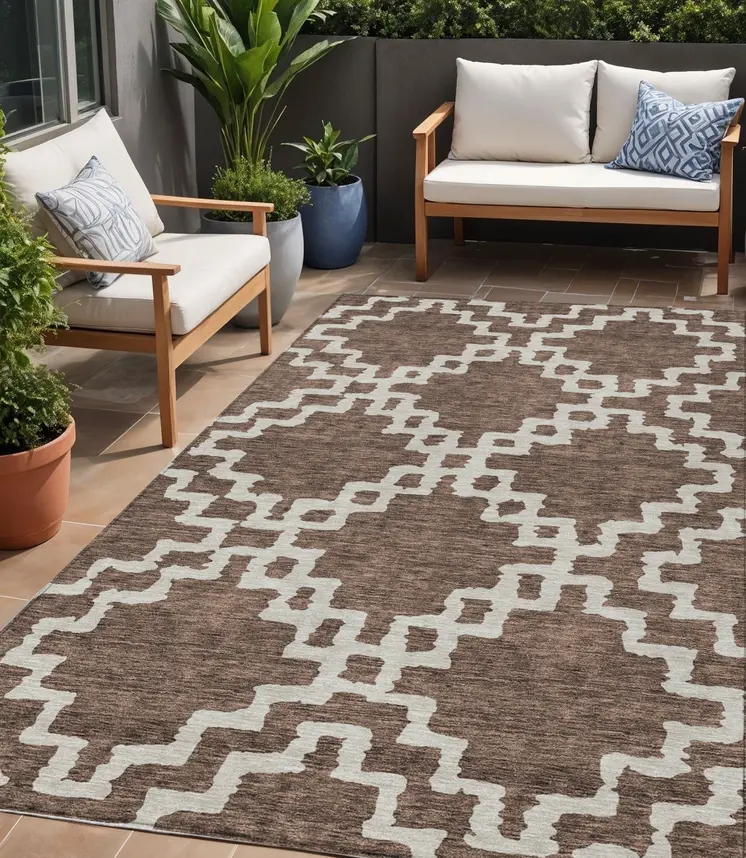 5' X 8' Brown And Ivory Geometric Washable Indoor Outdoor Area Rug