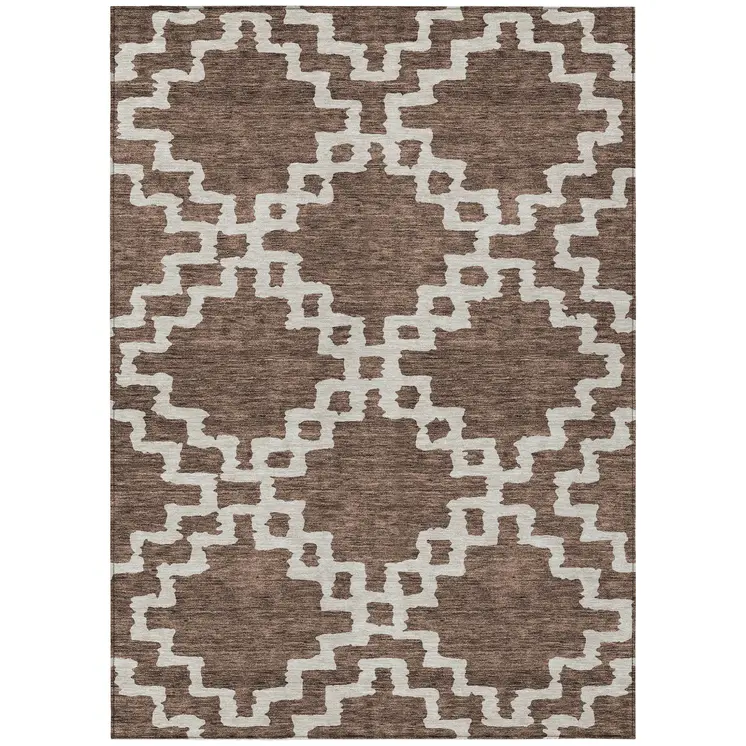 5' X 8' Brown And Ivory Geometric Washable Indoor Outdoor Area Rug