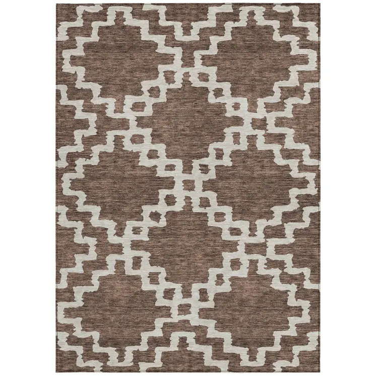 5' X 8' Brown And Ivory Geometric Washable Indoor Outdoor Area Rug