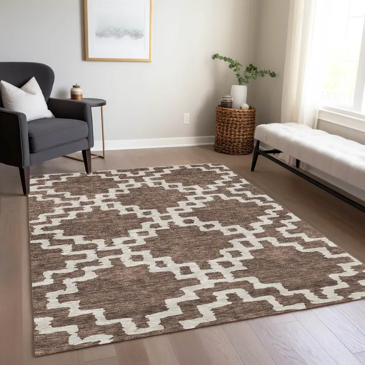 5' X 8' Brown And Ivory Geometric Washable Indoor Outdoor Area Rug
