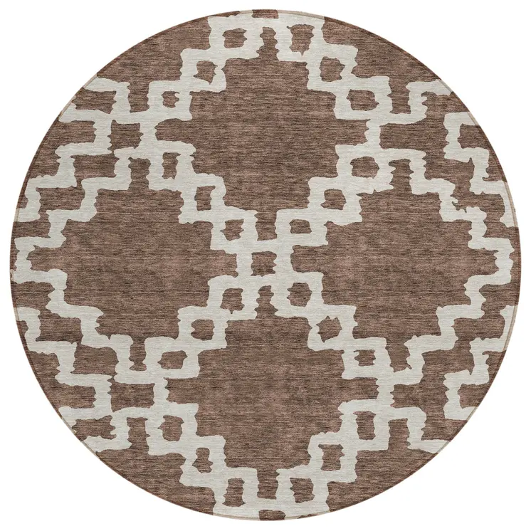 8' Brown And Ivory Round Geometric Washable Indoor Outdoor Area Rug