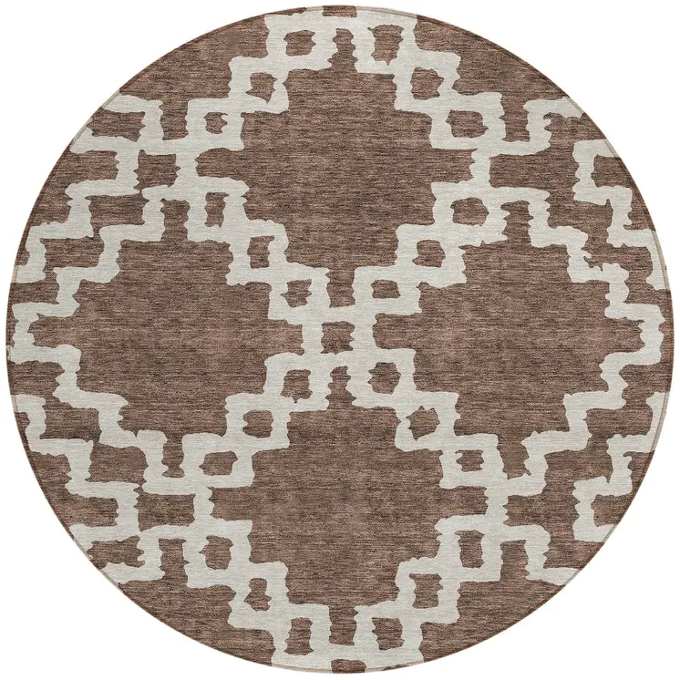 8' Brown And Ivory Round Geometric Washable Indoor Outdoor Area Rug