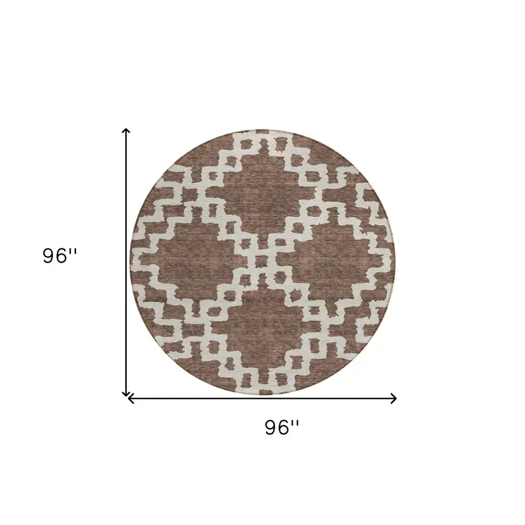 8' Brown And Ivory Round Geometric Washable Indoor Outdoor Area Rug