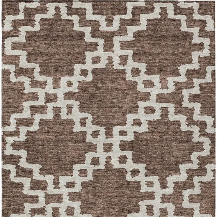 10' X 14' Brown And Ivory Geometric Washable Indoor Outdoor Area Rug