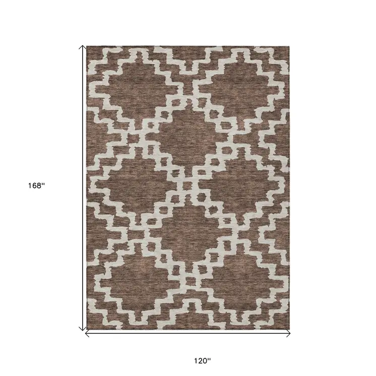 10' X 14' Brown And Ivory Geometric Washable Indoor Outdoor Area Rug
